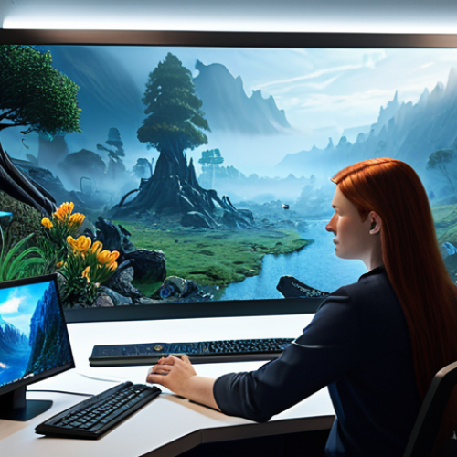 Home 4 A professional digital artist, fully clothed in a modest business casual outfit, sits at a modern, ergonomic workstation. On a large, high-resolution monitor, a highly detailed 3D fantasy landscape is displayed, featuring realistic lighting, volumetric fog, and intricate environmental elements like ancient trees and glowing flora. The studio environment is clean and organized, emphasizing advanced technology and creative design. safe for work, appropriate content, fully clothed, professional, perfect anatomy, correct proportions, natural pose, well-formed hands, proper finger count, natural body proportions.