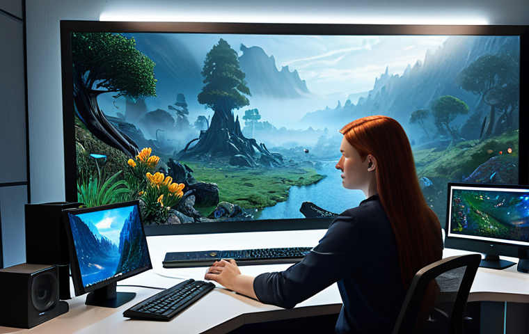 A professional digital artist, fully clothed in a modest business casual outfit, sits at a modern, ergonomic workstation. On a large, high-resolution monitor, a highly detailed 3D fantasy landscape is displayed, featuring realistic lighting, volumetric fog, and intricate environmental elements like ancient trees and glowing flora. The studio environment is clean and organized, emphasizing advanced technology and creative design. safe for work, appropriate content, fully clothed, professional, perfect anatomy, correct proportions, natural pose, well-formed hands, proper finger count, natural body proportions.