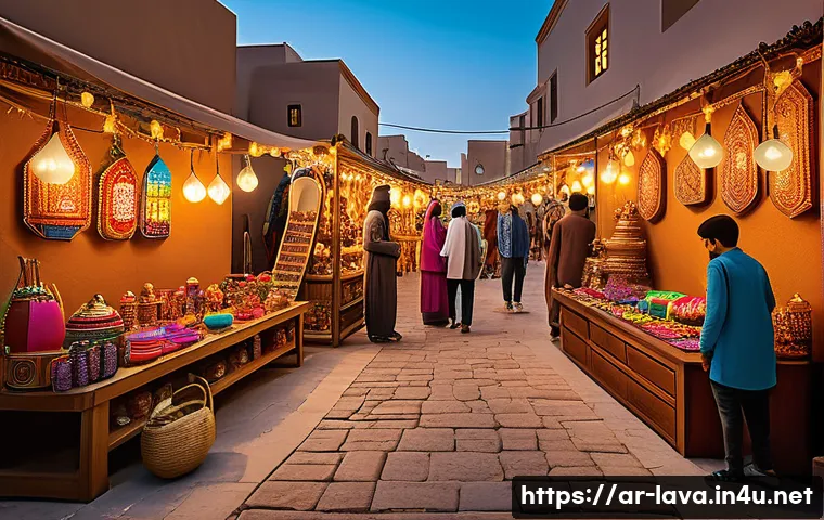 라바 캐릭터의 상품 판매 전략 - A vibrant marketplace scene in a Middle Eastern setting featuring diverse age groups including child...