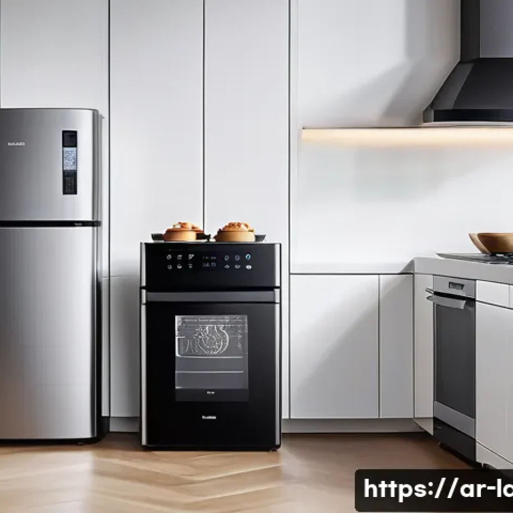 라바 관련 신규 굿즈 트렌드 - A modern smart kitchen interior featuring sleek, multi-functional Lava appliances including a black ...