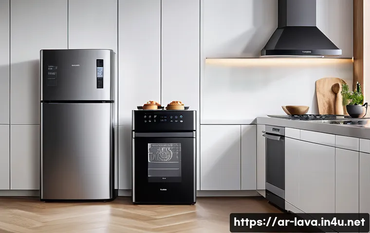 라바 관련 신규 굿즈 트렌드 - A modern smart kitchen interior featuring sleek, multi-functional Lava appliances including a black ...