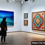 Home 20 라바 관련 주요 이벤트 및 행사 - A vibrant contemporary art exhibition set in a modern gallery space in an Arabic cultural center, sh...