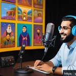 Home 18 라바를 다룬 팟캐스트 소개 - A vibrant, detailed scene depicting a podcast studio with an Arabic host passionately discussing ani...