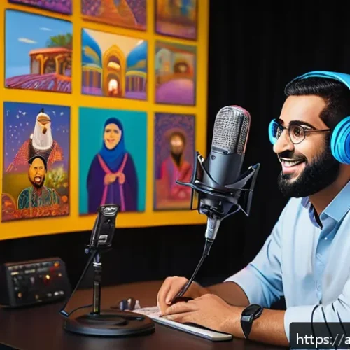 Home 30 라바를 다룬 팟캐스트 소개 - A vibrant, detailed scene depicting a podcast studio with an Arabic host passionately discussing ani...