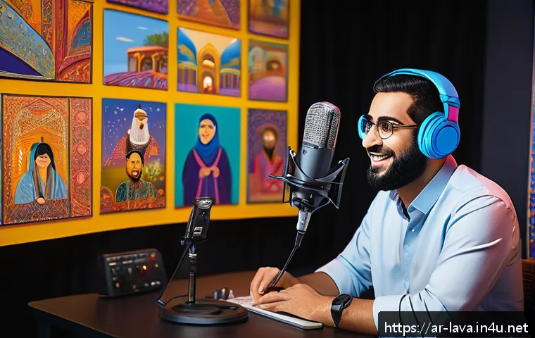 라바를 다룬 팟캐스트 소개 - A vibrant, detailed scene depicting a podcast studio with an Arabic host passionately discussing ani...