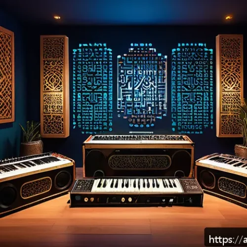 Home 17 라바의 음악적 매력을 높이는 방식 - A vibrant and dynamic music studio scene blending traditional Middle Eastern percussion instruments ...