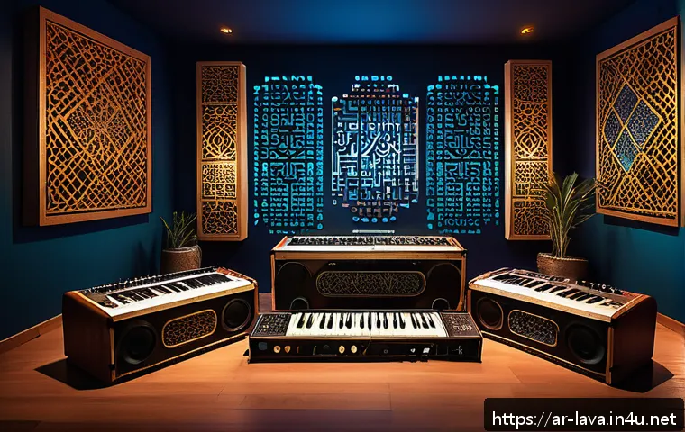 라바의 음악적 매력을 높이는 방식 - A vibrant and dynamic music studio scene blending traditional Middle Eastern percussion instruments ...