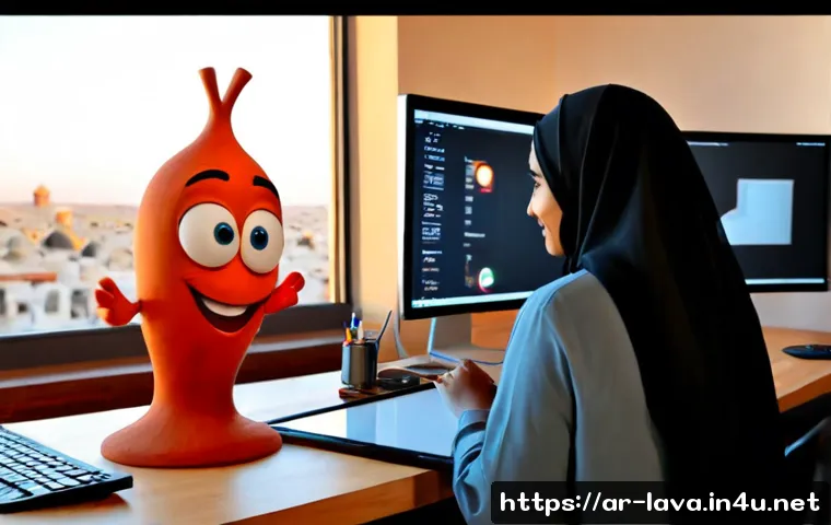 라바 애니메이션 제작 과정 - Photorealistic animation studio in a modern Middle Eastern city, Arab 3D artist wearing modest casua...