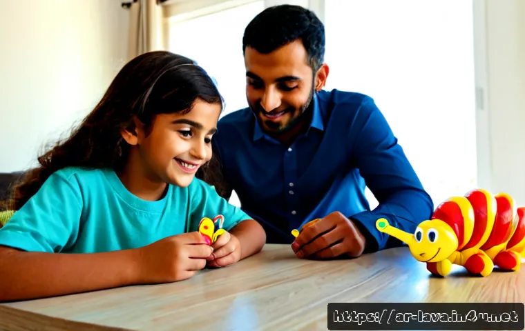 라바의 어린이 교육적 요소 - Photorealistic Arab family learning scene, a young child in modest colorful clothing arranging brigh...